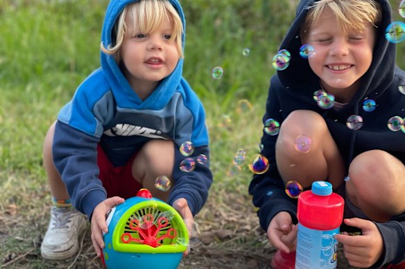 Beau and Billy Bourke making bubbles to mark their sister Summer’s birthday.