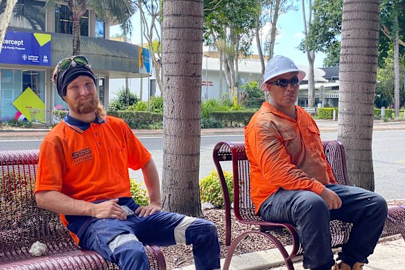 Brisbane-based scaffolders Stuart King (L) and Peter Clark in the marginal seat of Longman. Both men say their votes aren’t locked in yet.