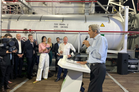 Billionaire Andrew ‘Twiggy’ Forrest and US Special Presidential Envoy for Climate John Kerry aboard Forrest’s yacht docked in Dubai for the COP28 Climate Summit. 