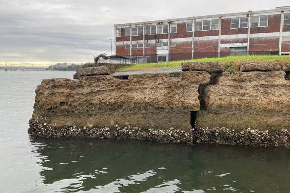 A damaged sea wall at Cockatoo Island.