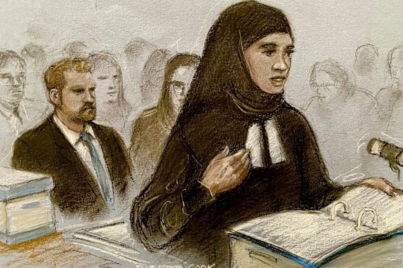 A court sketch showing Prince Harry, left, watching on as his lawyer Shaheed Fatima, KC, addressed the court on Tuesday.
