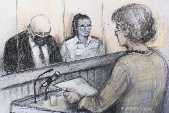 A court sketch shows Sarah Everard’s mother Susan, right, reading a victim impact statement as Wayne Couzens, left, sits in the dock.