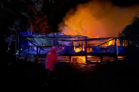 Firefighters were met with an orange glow at the Tamburlaine Organic Wines fire at Pokolbin on Thursday night.