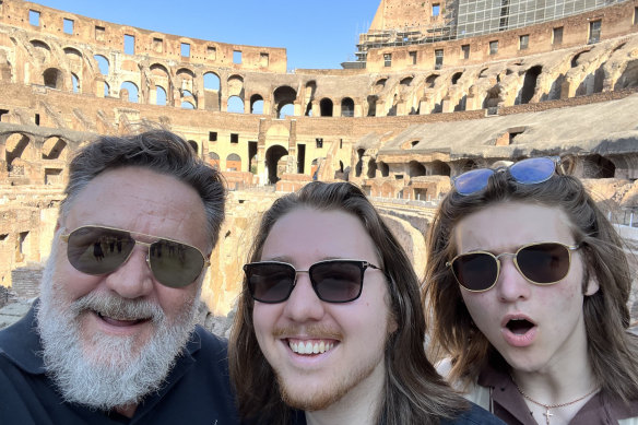Russell Crowe with sons Charles and Tennyson in Rome this week.
