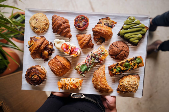 Pastries including pandan kaya croissant toast and mushroom rendang hand pie.