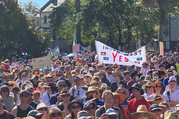 Supporters of an Indigenous Voice to parliament march in Sydney on Sunday.