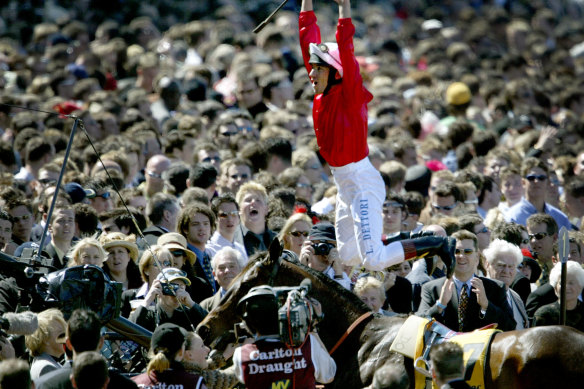 Frankie Dettori, who rides Hosier in the Big Dance on Tuesday, performs his trademark star jump dismount two decades ago.