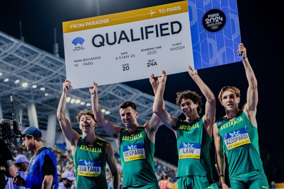 The men’s relay team that earned Australia a berth at this year’s Paris 2024 Olympics: Seb Sultana,  Jacob Despard, Calab Law and Josh Azzopardi.