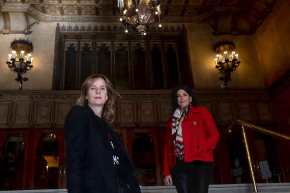 The cinema is closed, but the show will go on: MIFF ambassador Rachel Griffiths, left, and donor Susie Montague outside the Regent Theatre, home of many an opening night gala in the past.