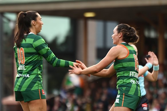 Blaithin Bogue, left, celebrates a goal with an Irish teammate in Sydney.