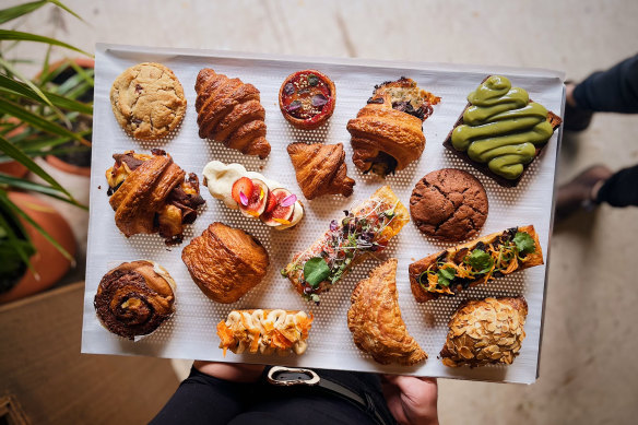 Pastries including pandan kaya croissant toast and mushroom rendang hand pie.