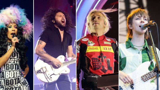 Artists likely to feature at the pointy end of Triple J’s Hottest 100 countdown (left to right): Eliza Rose, Gang of Youths’ David Le’aupepe, Flume and Spacey Jane’s Peppa Lane.