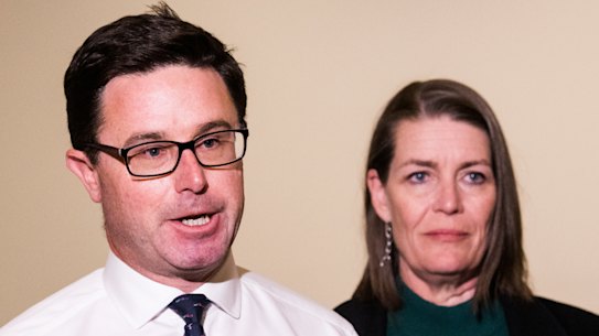 David Littleproud, with senator Bridget McKenzie (left) and new deputy Perin Davey, says he believes co-operating with the Liberals on climate change is the only path back to government for the Nationals.