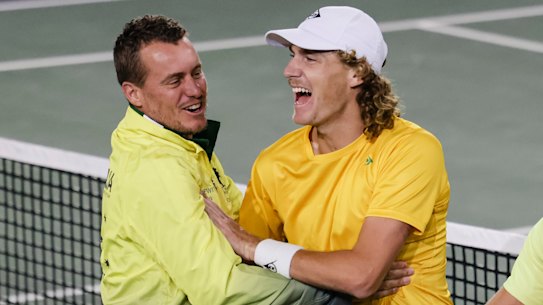 Max Purcell (right) has become a key member of Lleyton Hewitt’s Davis Cup squad.