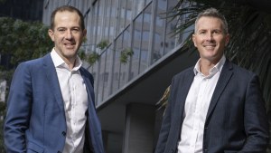 Orica executive Andrew Stewart, left, and his executive coach, Amos Szeps, outside Orica in Melbourne.