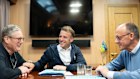 British Prime Minister Sir Keir Starmer, French President Emmanuel Macron and German Chancellor Friedrich Merz meet on a train en route to Kyiv.