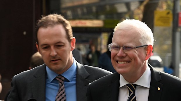 Gareth Ward (right), arriving at court with his barrister David Campbell SC for week two of his criminal trial.