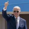 US President Joe Biden gestures as he boards Air Force One for a trip to South Korea and Japan.