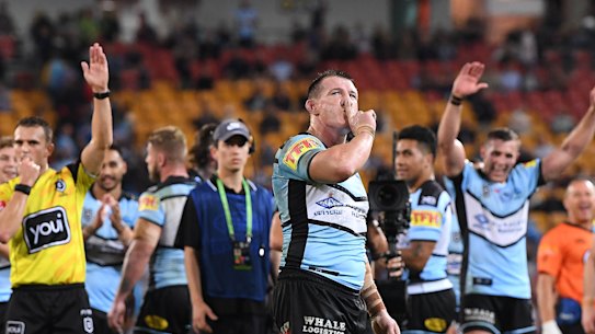 Shoosh: Paul Gallen silences the Suncorp crowd after converting his own try after the full-time siren.