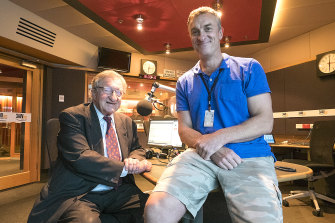 John Elliott with his son, Tom, during their regular spot on 3AW Radio in 2015.