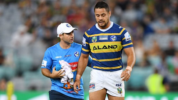 Big loss: Jarryd Hayne leaves the field with a hip injury.
