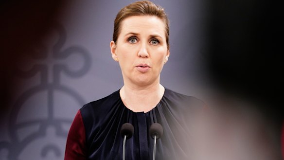 Denmark’s Prime Minister Mette Frederiksen speaks during a coronavirus press conference in Copenhagen, Denmark.