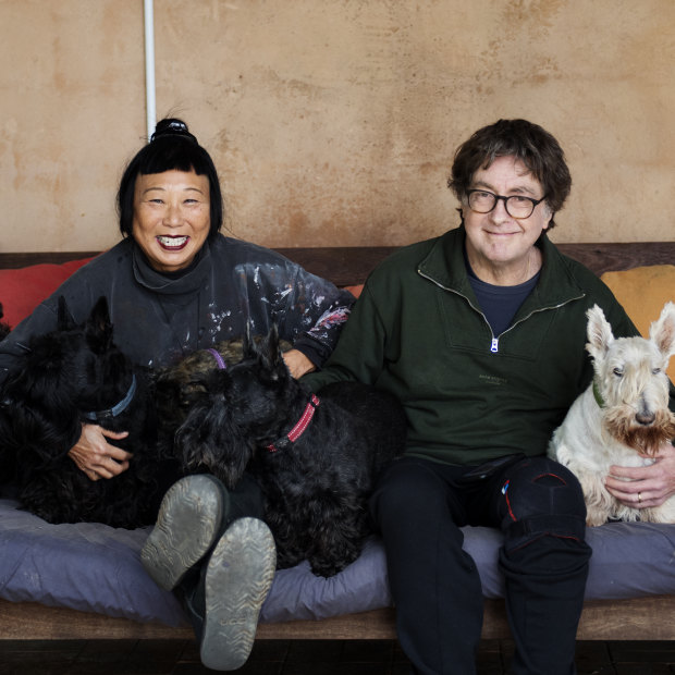 Australian artist Lindy Lee with partner Rob Scott-Mitchell and Scottie dogs Mungo, Ziva and Mae Mae.