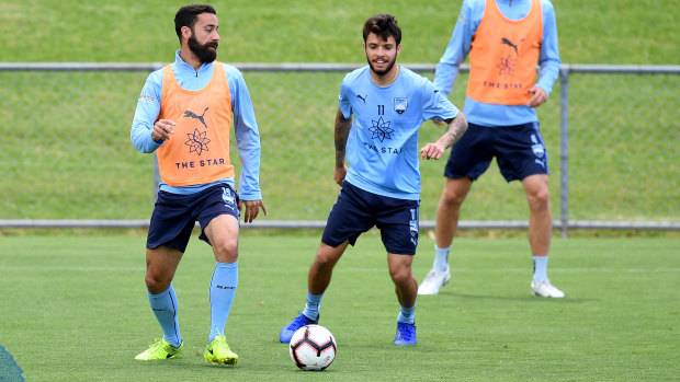 Return: Sydney FC players Alex Brosque and Daniel De Silva at training.