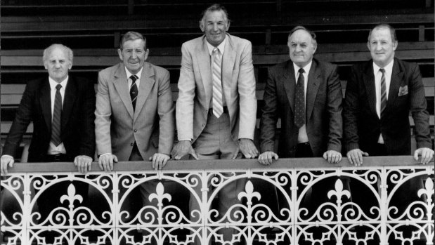 Legends of league: Immortals Norm Provan, centre, and Johnny Raper, right, pose at the SCG with Bernie Purcell, Arthur Summons and Keith Barnes in 1987.