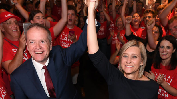 Bill Shorten and Labor's successful candidate for Longman, Susan Lamb on Saturday night, July 28.