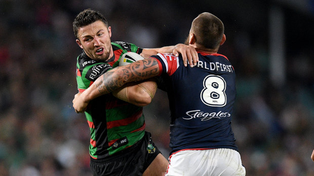 Rip and tear: Sam Burgess will lock horns again on Friday night with long-time rival Jared Waerea-Hargreaves.