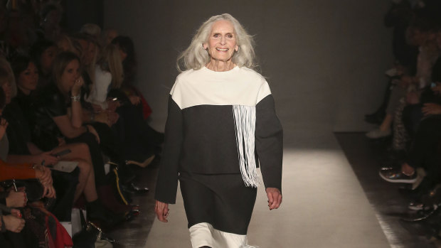 Aged 87, on a London fashion runway.