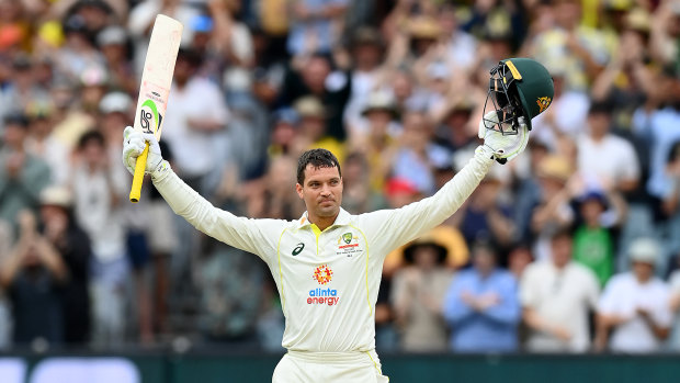 Alex Carey celebrates his first Test century for Australia.