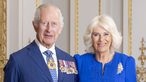 King Charles and Queen Camilla, wearing a Wattle Brooch gifted to the Elizabeth II during her visit to Australia in 1954, posed for a official portrait marking their upcoming tour. 