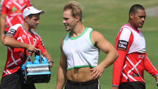 Business as usual: Jack de Belin was back on the training field with his Dragons teammates on Monday.