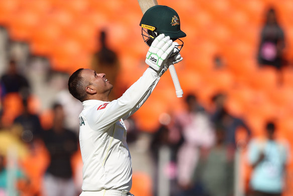 Usman Khawaja batted out the entire day for his first Test hundred against India.