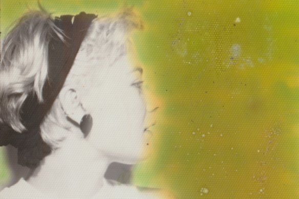 Nicky Makin, Photobooth portrait, c.1980s, gelatin silver print with yellow ink (detail).