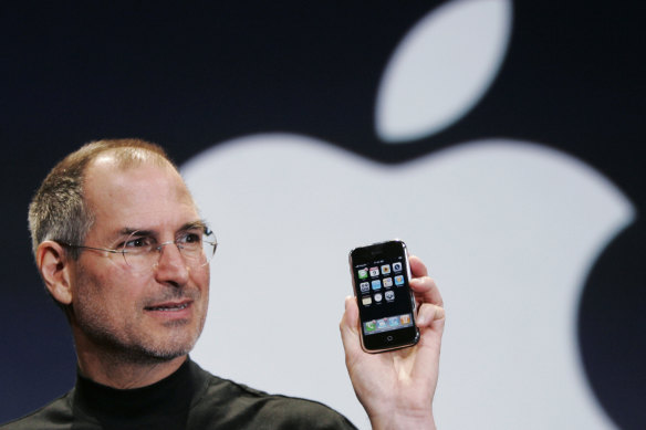 Steve Jobs with the first Apple iPhone. The productivity benefits of smartphones can’t be found in official statistics.