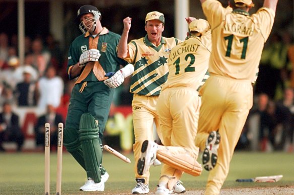 Captain Steve Waugh celebrates as South Africa’s Allan Donald is run out in the classic 1999 semi-final.