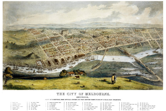 A bird’s eye view of Melbourne created in 1854 by Nathaniel Whittock from a sketch by Goodman Teale. 