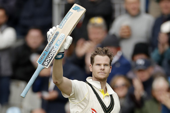 Steve Smith celebrates his double century in the fourth Test at Old Trafford.
