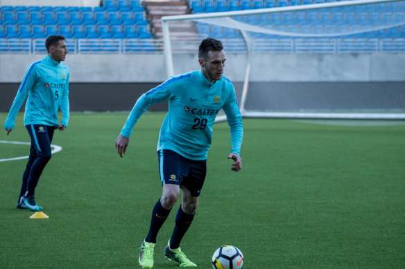 Bright prospect: Aleksandar Susnjar training with now Macarthur teammate Mark Milligan with the Socceroos in 2018.