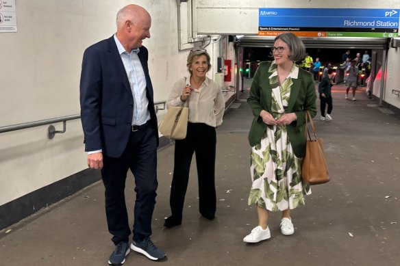 Richard and Janine Goyder with Leah Weckert at Richmond train station after the Australian Open men’s singles final.