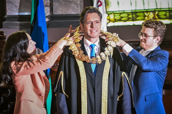 Nick Reece being sworn in as the 105th lord mayor of Melbourne in November.