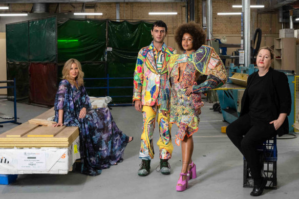 L.R. Natalie Xenita from IMG; designer Jordan Gogos; model Basjia Almaan and Powerhouse chief executive Lisa Havilah in the Powerhouse workshop where Gogos will hold his runway show next year. 