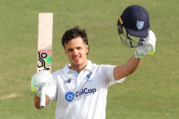 Sam Konstas celebrates his century against Western Australia.
