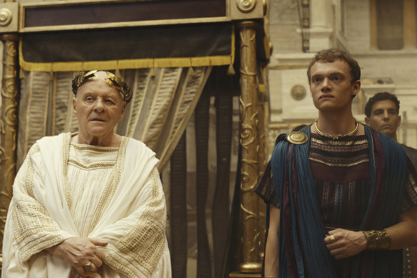 Anthony Hopkins (left, with Jojo Macari) plays Emperor Vespasian in Those About To Die.