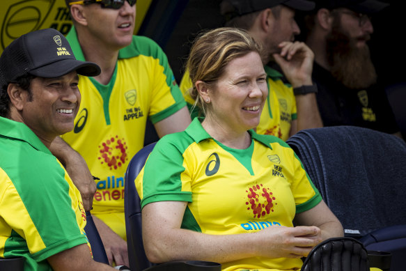 Sachin Tendulkar and Alex Blackwell on the bench at the Bushfire appeal charity match. 