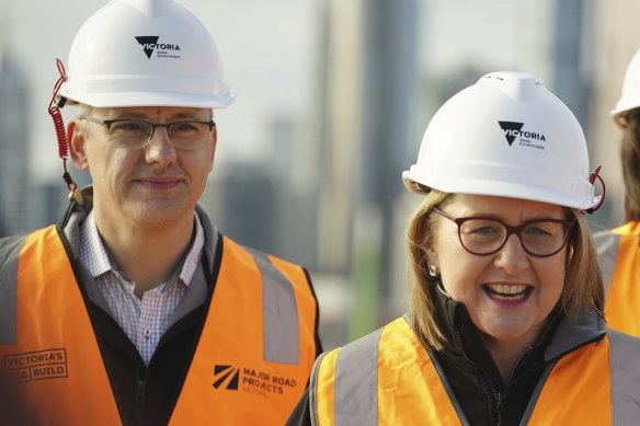 Premier Jacinta Allan and Transport Infrastructure Minister Danny Pearson at a press conference last month.