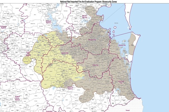 Map of fire ant biosecurity zones in Queensland, effective December 2023.